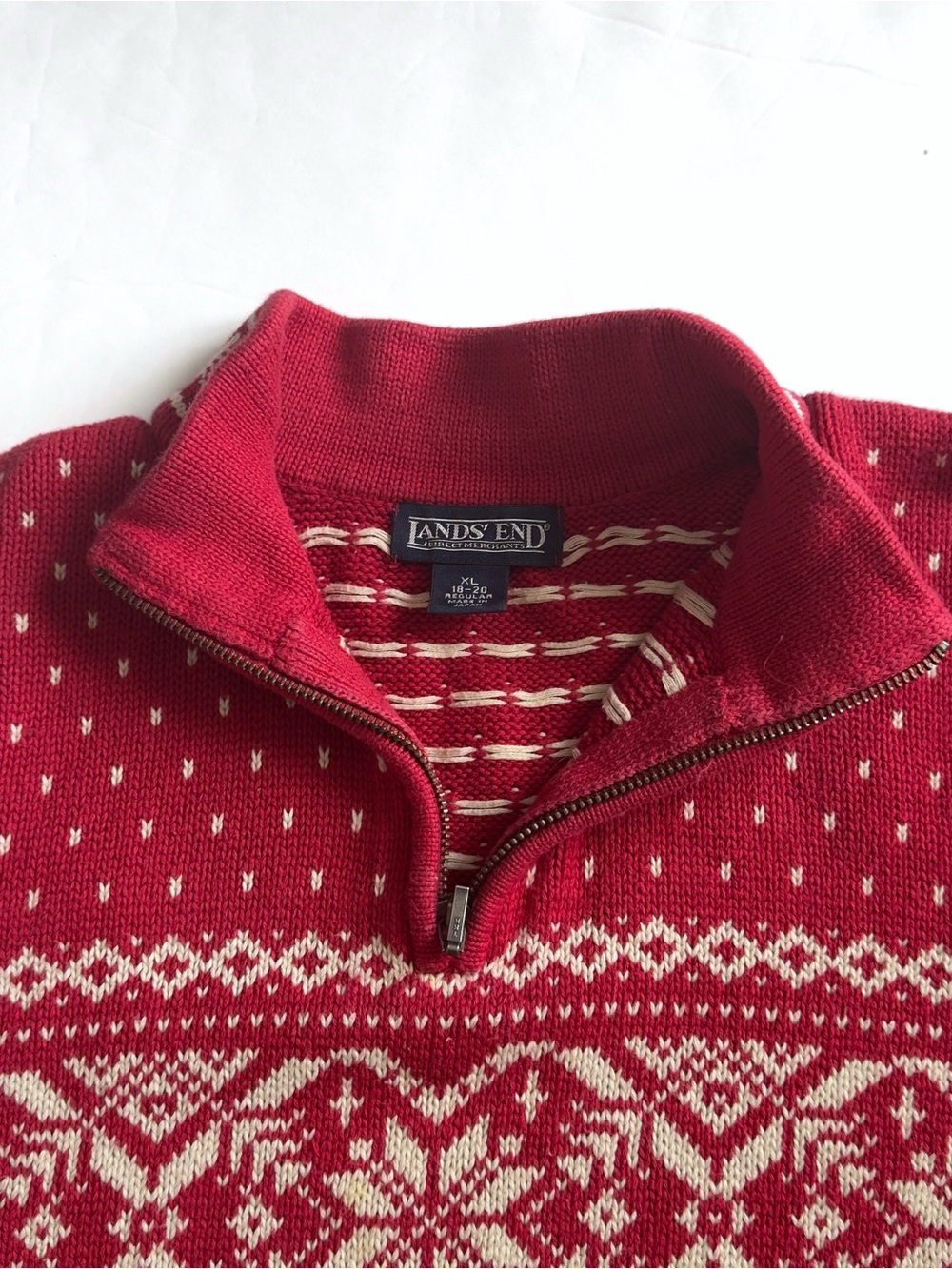 Vintage Lands End Nordic Ski Sweater Womens XL Red 1/4 Zip Snowflakes Fair Isle - Picture 3 of 11